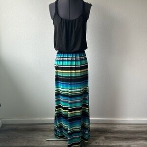 Speechless dress black top blue green striped skirt vacation maxi size Small